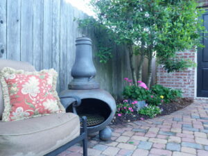 cedar fence and chiminea