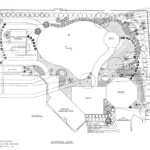 Site plan for New Orleans Residence featuring detailed landscaping elements including patios, water features & various plant species, illustrating a comprehensive outdoor design layout.
